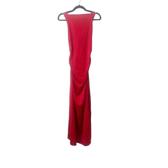 Commense Red Dress Satin Funnel Neck Back Cross Maxi - Picture 2 of 6